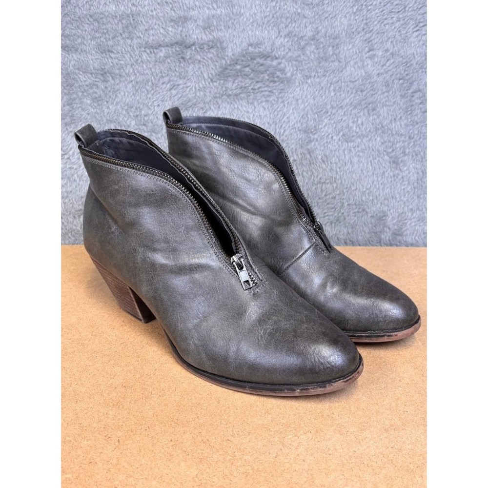 Mata Womens Grey Faux Leather Front Zip Ankle Boots Size‎ 11 Block Heel Booties